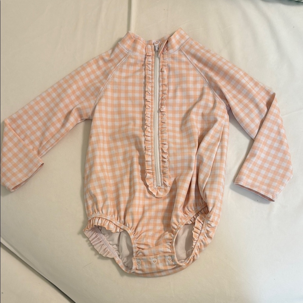 NWOT Peach/pink Gingham Long Sleeve Rashguard one Piece